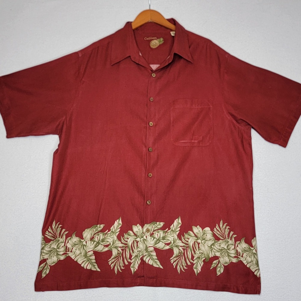 Caribbean Mens 2XT Silk Cotton Burgundy Red Tropical Floral Camp Shirt Pineapple